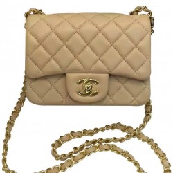 Unique Model Beige Quilted Leather Mini Classic Boy Flap Bag - Faux Chanel Yellow Gold Plated Chain Bag For Ladies