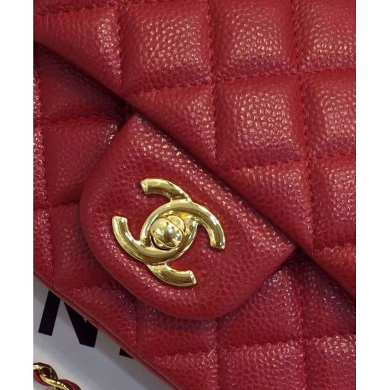 Replica Chanel Small Classic Yellow Gold Chain Strap Interlocking C Lock Female Red Quilted Caviar Leather Double Flap Bag