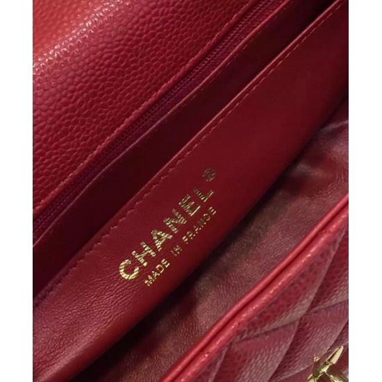 Replica Chanel Small Classic Yellow Gold Chain Strap Interlocking C Lock Female Red Quilted Caviar Leather Double Flap Bag