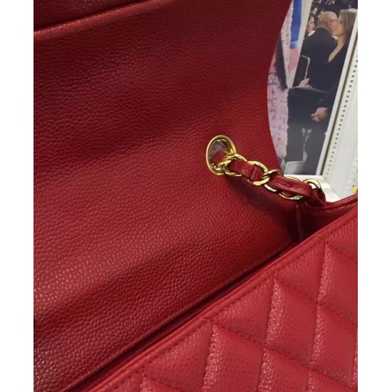 Replica Chanel Small Classic Yellow Gold Chain Strap Interlocking C Lock Female Red Quilted Caviar Leather Double Flap Bag