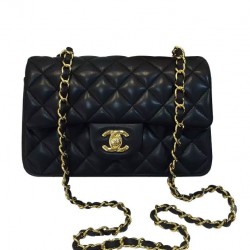 Precious Quilted Diamond Shaped Pattern Black Lambskin Leather Vintage Mini Flap Bag - Replica Chanel Yellow Gold Plated Hardware Chain Bag