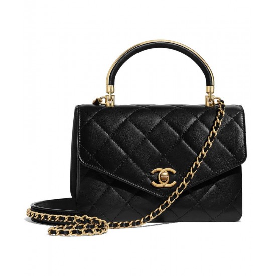 Chic Golden Detail Single Top Handle Envelope Flap Chain Shoulder Strap - Clone Chanel Ladies Black Leather Small Tote Bag