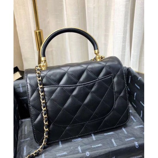 Chic Golden Detail Single Top Handle Envelope Flap Chain Shoulder Strap - Clone Chanel Ladies Black Leather Small Tote Bag