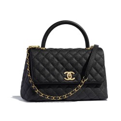 Fake Chanel Yellow Gold Hardware Black Quilted Caviar Leather Single Top Handle Flap Style Women's Chain Bag