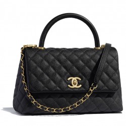 Fake Chanel Yellow Gold Hardware Black Quilted Caviar Leather Single Top Handle Flap Style Women's Chain Bag