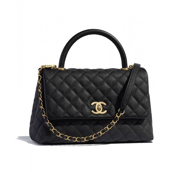 Fake Chanel Yellow Gold Hardware Black Quilted Caviar Leather Single Top Handle Flap Style Women's Chain Bag