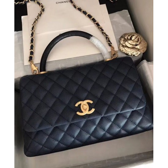 Fake Chanel Yellow Gold Hardware Black Quilted Caviar Leather Single Top Handle Flap Style Women's Chain Bag