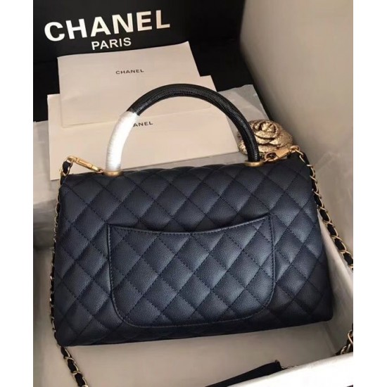 Fake Chanel Yellow Gold Hardware Black Quilted Caviar Leather Single Top Handle Flap Style Women's Chain Bag