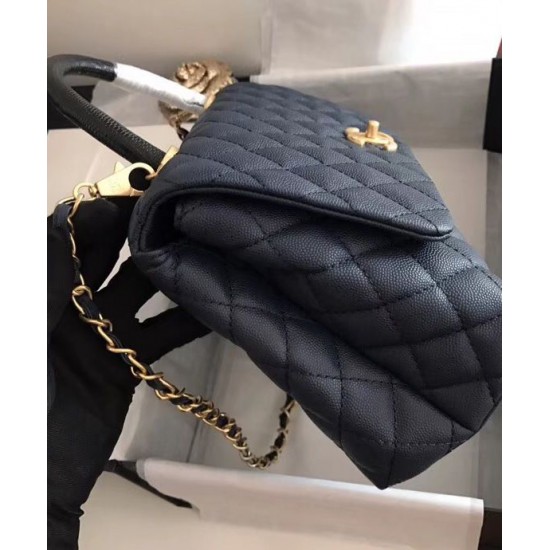 Fake Chanel Yellow Gold Hardware Black Quilted Caviar Leather Single Top Handle Flap Style Women's Chain Bag