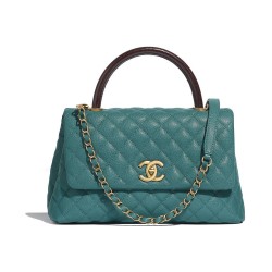 Faux Chanel Turquoise Caviar Leather Quilted Design Black Single Top Handle Golden Chain Turn Lock Flap Bag Medium