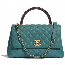 Faux Chanel Turquoise Caviar Leather Quilted Design Black Single Top Handle Golden Chain Turn Lock Flap Bag Medium