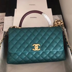 Faux Chanel Turquoise Caviar Leather Quilted Design Black Single Top Handle Golden Chain Turn Lock Flap Bag Medium