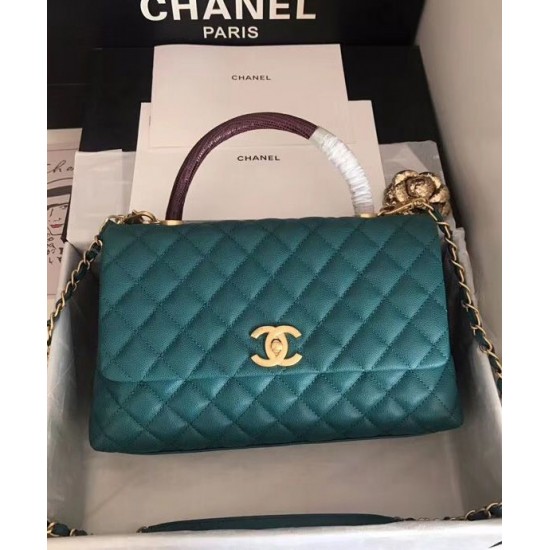 Faux Chanel Turquoise Caviar Leather Quilted Design Black Single Top Handle Golden Chain Turn Lock Flap Bag Medium