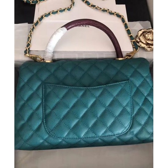 Faux Chanel Turquoise Caviar Leather Quilted Design Black Single Top Handle Golden Chain Turn Lock Flap Bag Medium