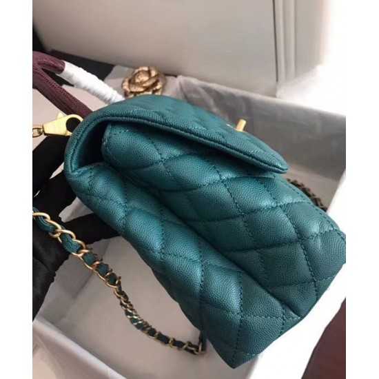 Faux Chanel Turquoise Caviar Leather Quilted Design Black Single Top Handle Golden Chain Turn Lock Flap Bag Medium