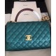 Faux Chanel Turquoise Caviar Leather Quilted Design Black Single Top Handle Golden Chain Turn Lock Flap Bag Medium