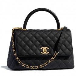 Replica Chanel Black Caviar Leather Single Top Handle Golden CC Logo Turn Lock Chian Flap Bag For Ladies