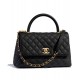 Replica Chanel Black Caviar Leather Single Top Handle Golden CC Logo Turn Lock Chian Flap Bag For Ladies