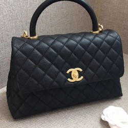 Replica Chanel Black Caviar Leather Single Top Handle Golden CC Logo Turn Lock Chian Flap Bag For Ladies