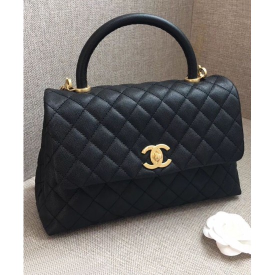 Replica Chanel Black Caviar Leather Single Top Handle Golden CC Logo Turn Lock Chian Flap Bag For Ladies