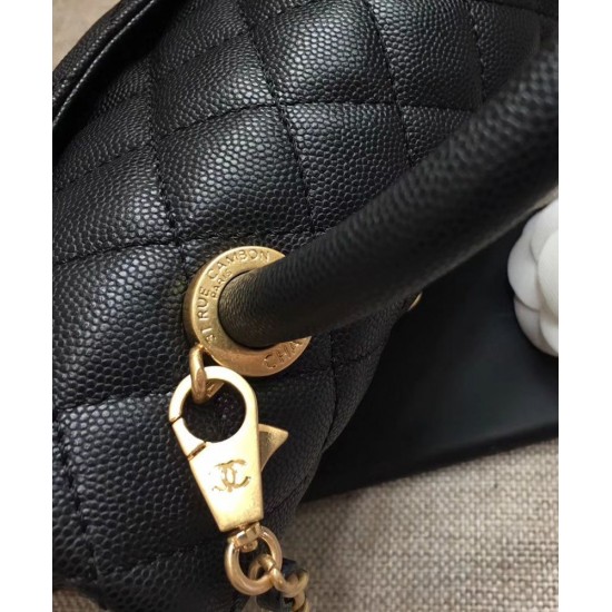 Replica Chanel Black Caviar Leather Single Top Handle Golden CC Logo Turn Lock Chian Flap Bag For Ladies