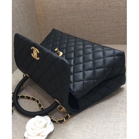 Replica Chanel Black Caviar Leather Single Top Handle Golden CC Logo Turn Lock Chian Flap Bag For Ladies