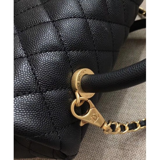 Replica Chanel Black Caviar Leather Single Top Handle Golden CC Logo Turn Lock Chian Flap Bag For Ladies