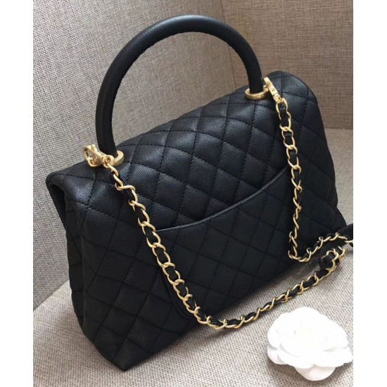 Replica Chanel Black Caviar Leather Single Top Handle Golden CC Logo Turn Lock Chian Flap Bag For Ladies