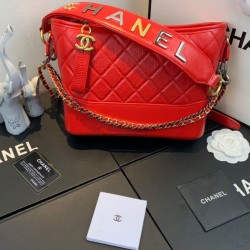 Fake Chanel Gabrielle Red Quilted Leather Silver & Golden Brand Letter Detail Strap Female Hobo Bag Small Chain Bag