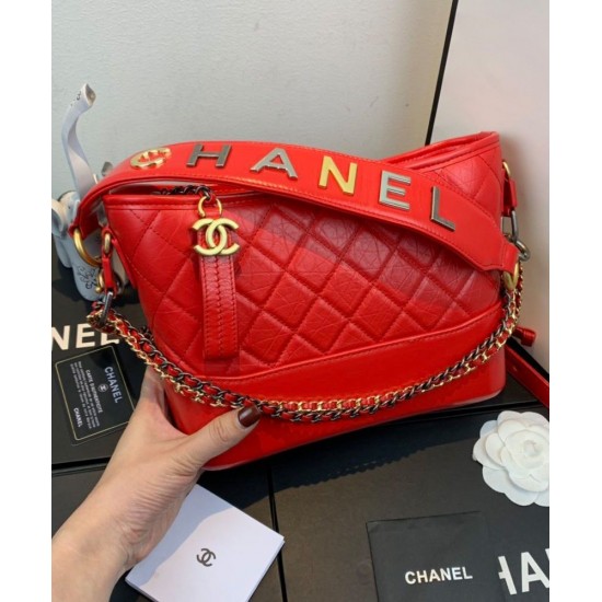 Fake Chanel Gabrielle Red Quilted Leather Silver & Golden Brand Letter Detail Strap Female Hobo Bag Small Chain Bag