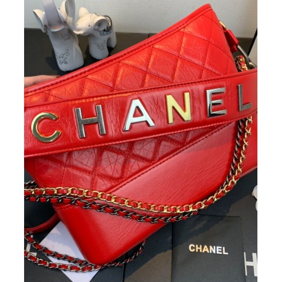 Fake Chanel Gabrielle Red Quilted Leather Silver & Golden Brand Letter Detail Strap Female Hobo Bag Small Chain Bag