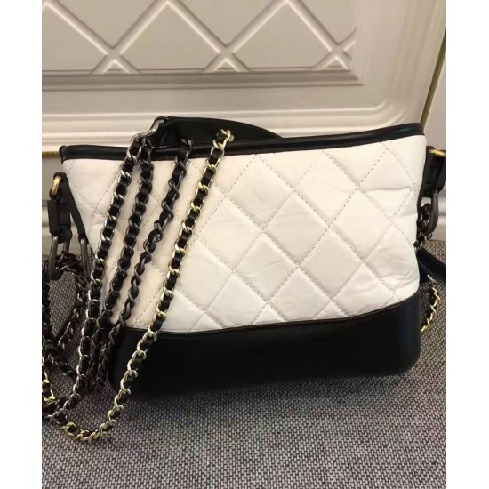 Replica Chanel Gabrielle Two-tone Chain Shoulder Strap Diamond Lattice Women's White & Black Lambskin Leather Hobo Bag UK