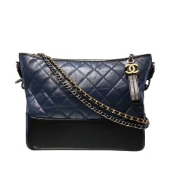 Fake Chanel Gabrielle 28cm Navy Blue Quilted & Black Leather Brass Chain Shoulder Strap Female Zipper Hobo Bag