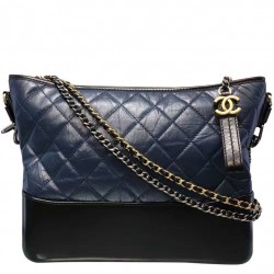 Fake Chanel Gabrielle 28cm Navy Blue Quilted & Black Leather Brass Chain Shoulder Strap Female Zipper Hobo Bag