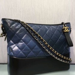 Fake Chanel Gabrielle 28cm Navy Blue Quilted & Black Leather Brass Chain Shoulder Strap Female Zipper Hobo Bag