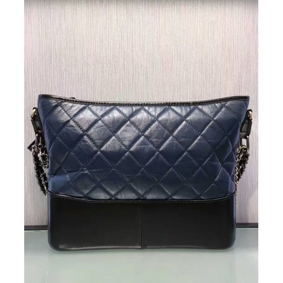 Fake Chanel Gabrielle 28cm Navy Blue Quilted & Black Leather Brass Chain Shoulder Strap Female Zipper Hobo Bag