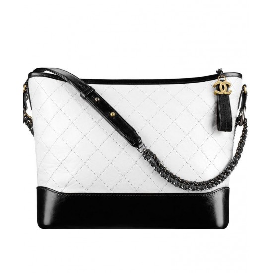 Imitation Chanel Gabrielle Popular Diamond Type Lattice Antique Metal Chain Strap Women's White & Blak Leather Patchwork Zipper Hobo Bag