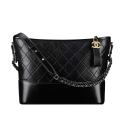 Best Brass CC Logo Zipper Pull Antique Chain Shoulder Strap - Faux Chanel Gabrielle Medium Black Quilted Leather Women's Hobo Bag