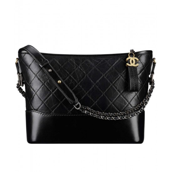 Best Brass CC Logo Zipper Pull Antique Chain Shoulder Strap - Faux Chanel Gabrielle Medium Black Quilted Leather Women's Hobo Bag