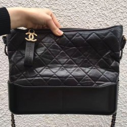 Best Brass CC Logo Zipper Pull Antique Chain Shoulder Strap - Faux Chanel Gabrielle Medium Black Quilted Leather Women's Hobo Bag