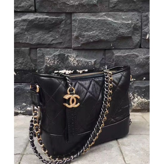 High Quality Gabrielle Small Black Quilted Leather Women's Hobo Bag - Fake Chanel Gabrielle Two-tone Chain Bag Online