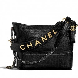 Hot Selling Black Crocodile Grained Cowhide Leather Wide Top Handle Chain Shoulder Strap - Fake Chanel Gabrielle Women's Medium Hobo Bag