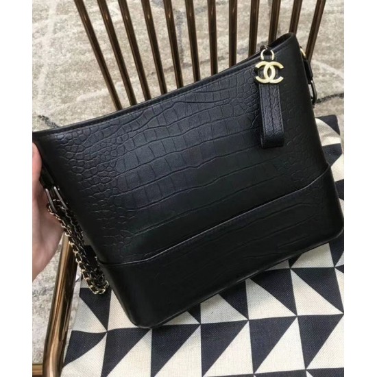 Hot Selling Black Crocodile Grained Cowhide Leather Wide Top Handle Chain Shoulder Strap - Fake Chanel Gabrielle Women's Medium Hobo Bag