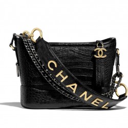 Chic Style Brass Brand Signature Black Metal Chain Shoulder Strap - Replica Chanel Gabrielle Black Crocodile Grained Leather Female Small Hobo Bag