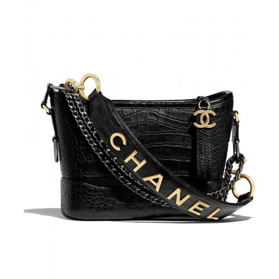 Chic Style Brass Brand Signature Black Metal Chain Shoulder Strap - Replica Chanel Gabrielle Black Crocodile Grained Leather Female Small Hobo Bag