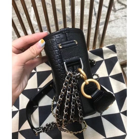 Chic Style Brass Brand Signature Black Metal Chain Shoulder Strap - Replica Chanel Gabrielle Black Crocodile Grained Leather Female Small Hobo Bag