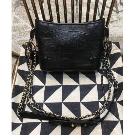 Chic Style Brass Brand Signature Black Metal Chain Shoulder Strap - Replica Chanel Gabrielle Black Crocodile Grained Leather Female Small Hobo Bag