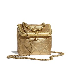 Luxury Golden Quilted Leather Interlocking C Kiss Lock Meatal Frame Flap - Women's Small Chanel Chain Strap Vertical Bag