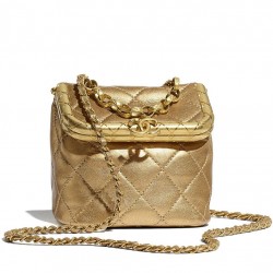 Luxury Golden Quilted Leather Interlocking C Kiss Lock Meatal Frame Flap - Women's Small Chanel Chain Strap Vertical Bag