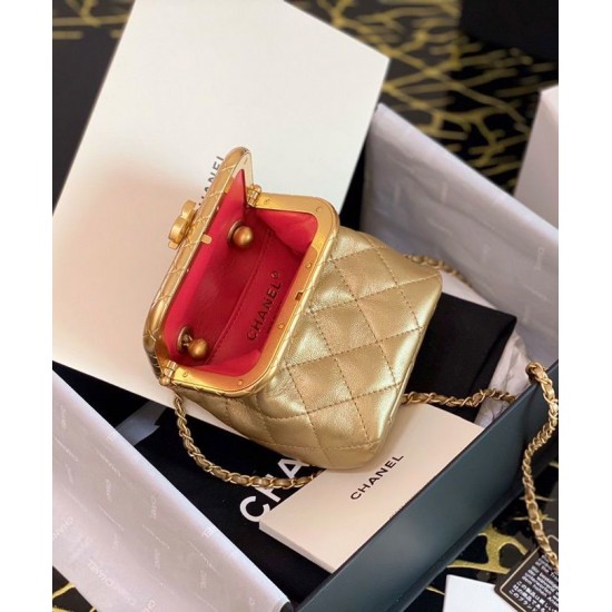 Luxury Golden Quilted Leather Interlocking C Kiss Lock Meatal Frame Flap - Women's Small Chanel Chain Strap Vertical Bag